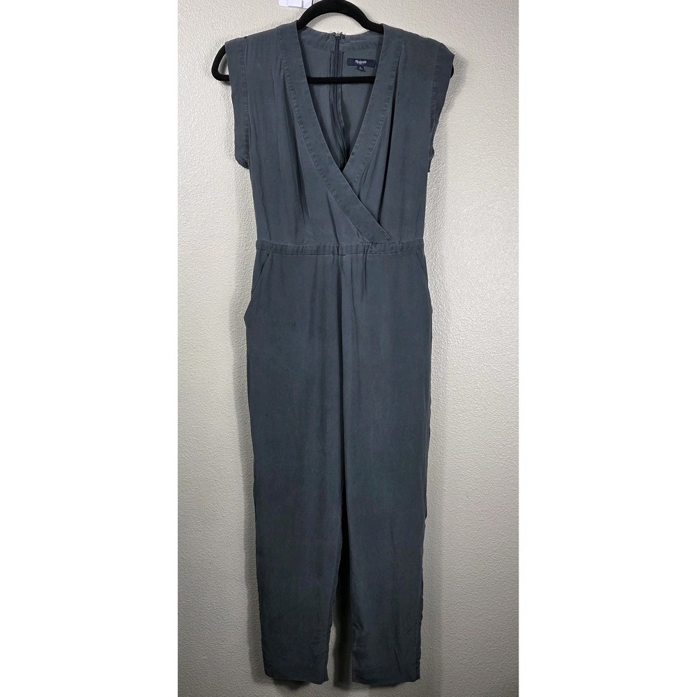 Madewell 100% Silk Gray Wrap Front Jumpsuit Size 2 Cap Sleeve Tapered Leg...
